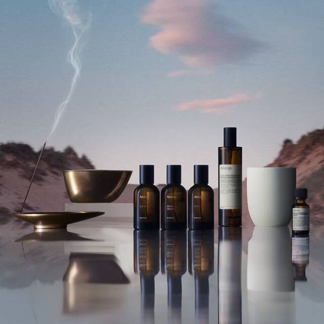 Une collection de produits Aesop, comprenant des parfums, un spray d'ambiance et une huile essentielle, avec un baton d'encens qui brule dans un porte-encens en bronze, pose devant un paysage montagneux flou, reflete sur une surface.